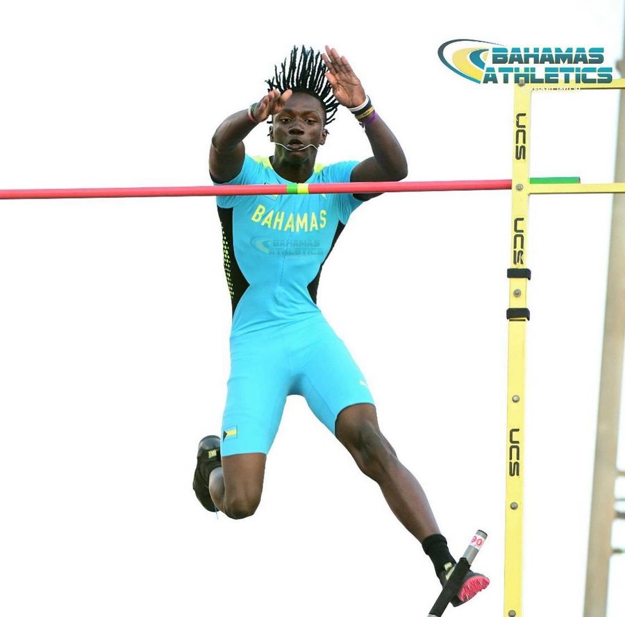 Brenden Vanderpool over the bar in Bahamas kit