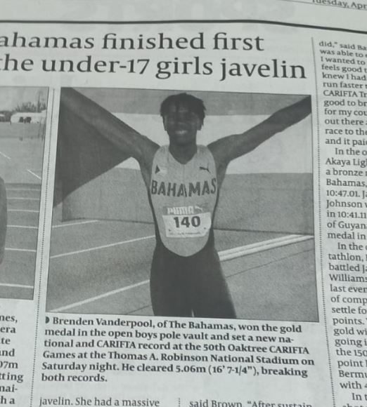 Newspaper clipping, Brenden Vanderpool wins CARIFTA gold