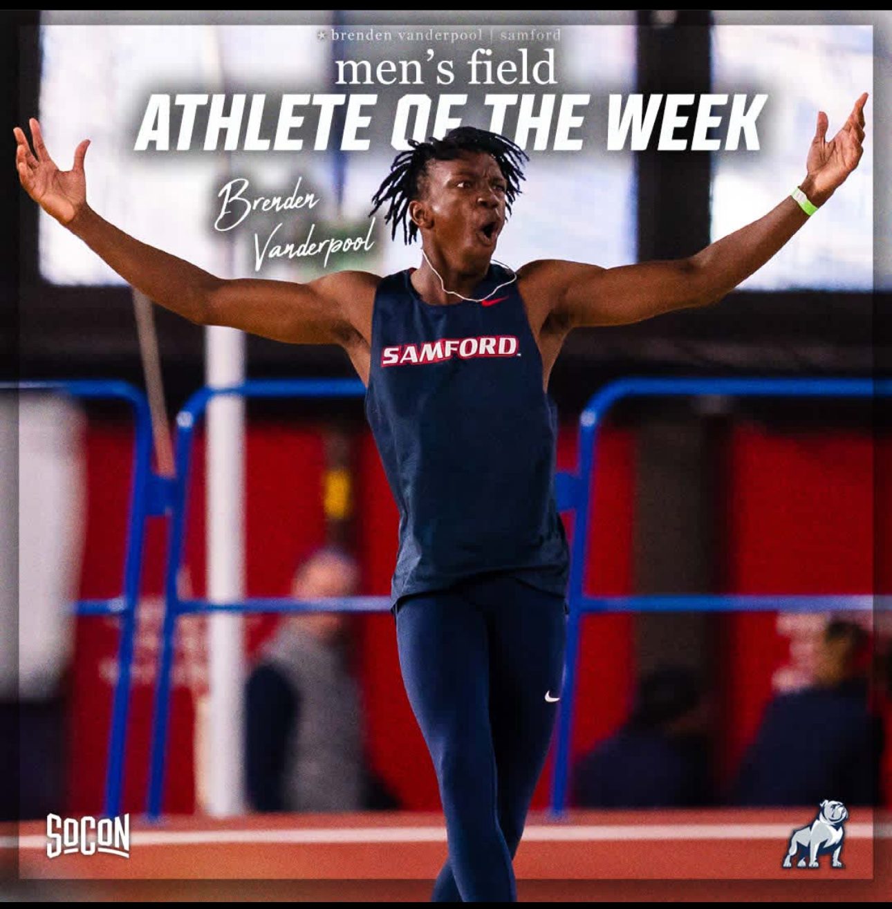 Samford men's field athlete of the week graphic, Brenden Vanderpool