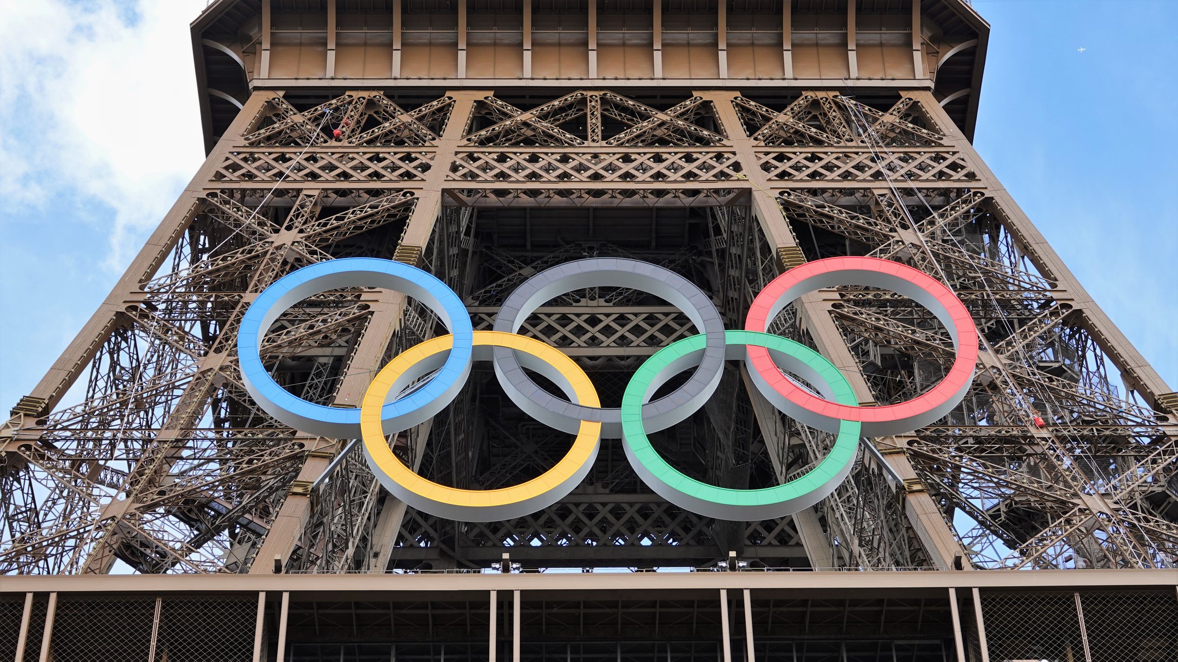 The Olympic rings on the Eiffel Tower, Paris 2024